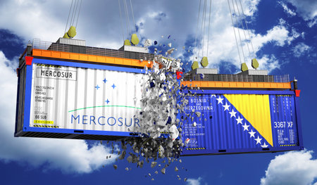 Crashing cargo containers with flags of Mercosur and Bosnia and Herzegovina - 3D illustrationの写真素材
