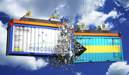Crashing cargo containers with flags of Mercosur and Bahamas - 3D illustrationの写真素材