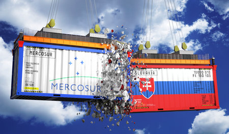 Crashing cargo containers with flags of Mercosur and Slovakia - 3D illustration