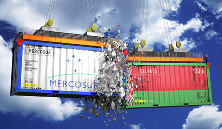 Crashing cargo containers with flags of Mercosur and Belarus - 3D illustrationの写真素材