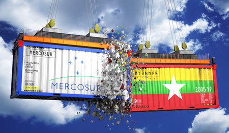 Crashing cargo containers with flags of Mercosur and Myanmar - 3D illustrationの写真素材