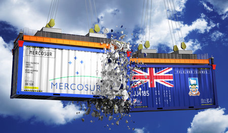 Crashing cargo containers with flags of Mercosur and Falkland Islands - 3D illustrationの写真素材