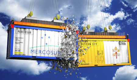 Crashing cargo containers with flags of Mercosur and Vatican City - 3D illustration