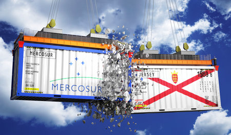 Crashing cargo containers with flags of Mercosur and Jersey - 3D illustration