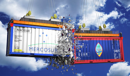 Crashing cargo containers with flags of Mercosur and Guam - 3D illustrationの写真素材