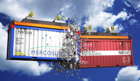 Crashing cargo containers with flags of Mercosur and Latvia - 3D illustration