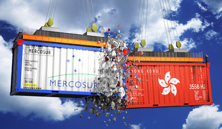 Crashing cargo containers with flags of Mercosur and Hong Kong - 3D illustrationの写真素材