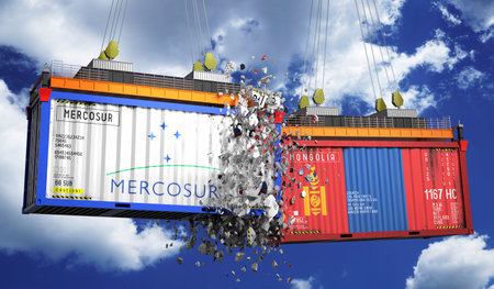 Crashing cargo containers with flags of Mercosur and Mongolia - 3D illustrationの写真素材