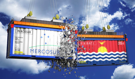 Crashing cargo containers with flags of Mercosur and Kiribati - 3D illustration