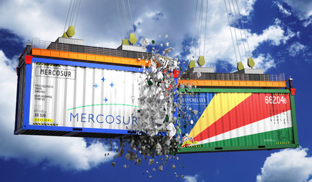 Crashing cargo containers with flags of Mercosur and Seychelles - 3D illustrationの写真素材