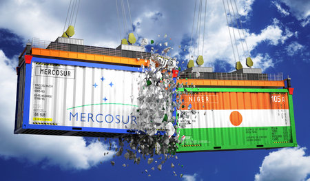 Crashing cargo containers with flags of Mercosur and Niger - 3D illustrationの写真素材