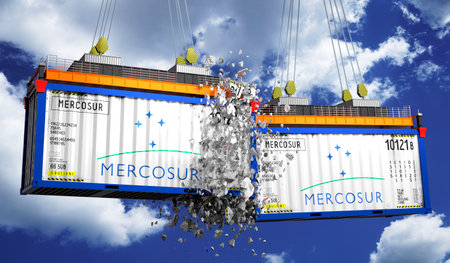 Crashing cargo containers with flags of Mercosur - 3D illustration