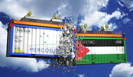 Crashing cargo containers with flags of Mercosur and Palestine - 3D illustrationの写真素材