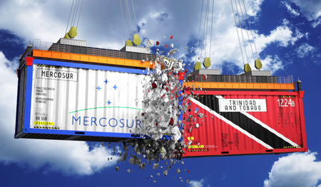 Crashing cargo containers with flags of Mercosur and Trinidad and Tobago - 3D illustrationの写真素材