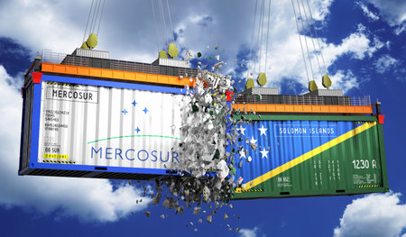 Crashing cargo containers with flags of Mercosur and Solomon Islands - 3D illustrationの写真素材