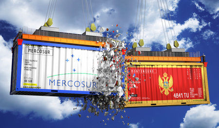 Crashing cargo containers with flags of Mercosur and Montenegro - 3D illustrationの写真素材