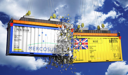 Crashing cargo containers with flags of Mercosur and Niue - 3D illustrationの写真素材