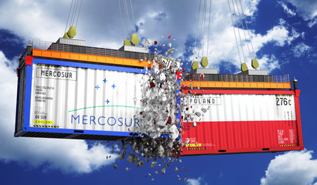 Crashing cargo containers with flags of Mercosur and Poland - 3D illustration