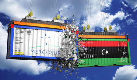 Crashing cargo containers with flags of Mercosur and Libya - 3D illustrationの写真素材