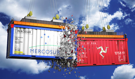 Crashing cargo containers with flags of Mercosur and Isle of Man - 3D illustrationの写真素材