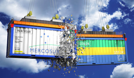 Crashing cargo containers with flags of Mercosur and Gabon - 3D illustrationの写真素材