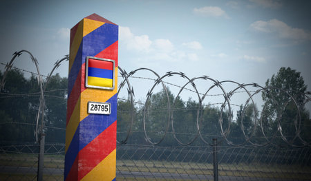 Border post with flag of Armenia - 3D illustration
