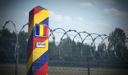 Border post with flag of Romania - 3D illustration