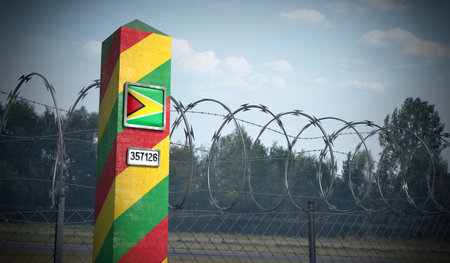 Border post with flag of Guyana - 3D illustration