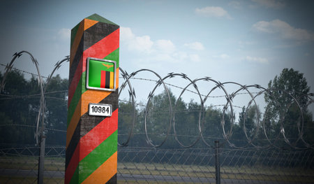 Border post with flag of Zambia - 3D illustration