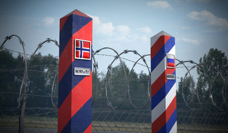Border posts with flags of Norway and Russia - 3d illustrationの写真素材