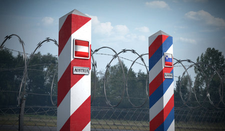 Border posts with flags of Austria and Slovenia - 3d illustrationの写真素材