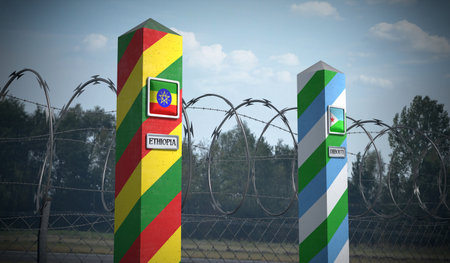 Border posts with flags of Ethiopia and Djibouti - 3d illustrationの写真素材