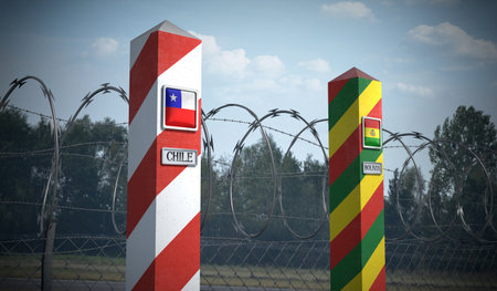 Border posts with flags of Chile and Bolivia - 3d illustrationの写真素材