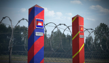 Border posts with flags of Cambodia and Vietnam - 3d illustrationの写真素材
