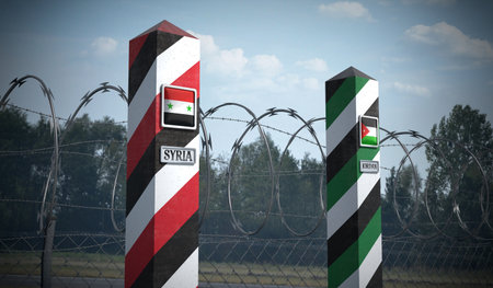 Border posts with flags of Syria and Jordan - 3d illustration