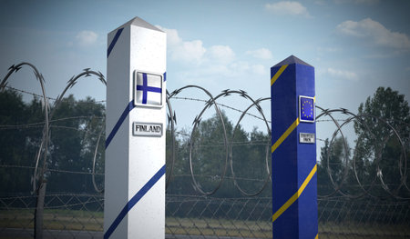 Border posts with flags of Finland and European Union - 3d illustration