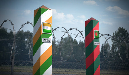 Border posts with flags of India and Bangladesh - 3d illustrationの写真素材