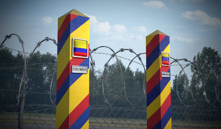 Border posts with flags of Colombia and Venezuela - 3d illustration