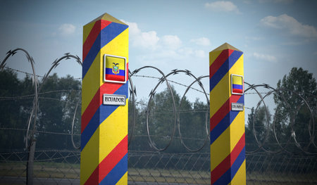Border posts with flags of Ecuador and Colombia - 3d illustration