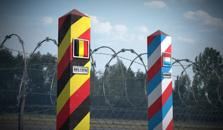 Border posts with flags of Belgium and Luxembourg - 3d illustrationの写真素材