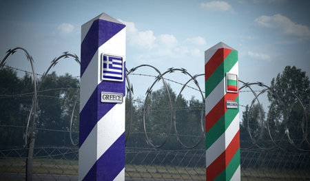 Border posts with flags of Greece and Bulgaria - 3d illustrationの写真素材
