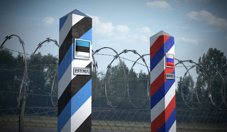 Border posts with flags of Estonia and Russia - 3d illustrationの写真素材