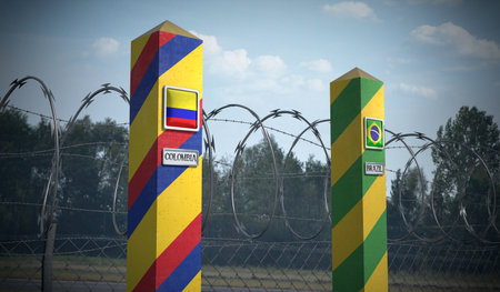 Border posts with flags of Colombia and Brazil - 3d illustrationの写真素材