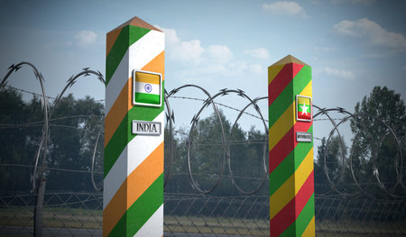 Border posts with flags of India and Myanmar - 3d illustrationの写真素材
