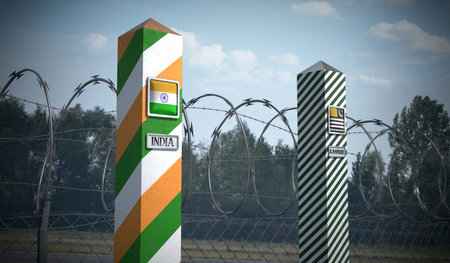 Border posts with flags of India and Kashmir - 3d illustrationの写真素材