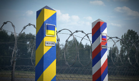 Border posts with flags of Ukraine and Russia - 3d illustrationの写真素材