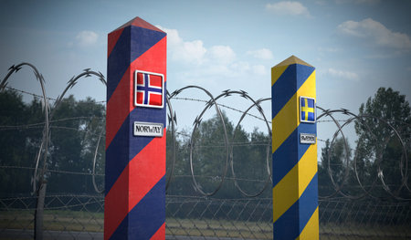 Border posts with flags of Norway and Sweden - 3d illustrationの写真素材