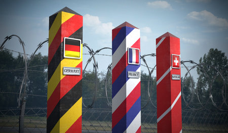 Border posts with flags of Germany and France and Switzerland - 3d illustration