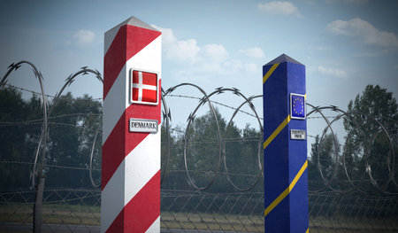 Border posts with flags of Denmark and European Union - 3d illustrationの写真素材