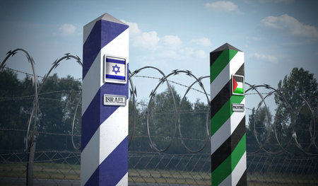 Border posts with flags of Israel and Palestine - 3d illustrationの写真素材